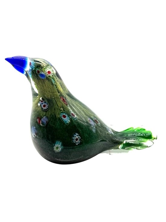 Art Glass Bird Other - Handblown Green Millefiori Art Glass Bird Figurine Blue Beak Tail 5.5 L X 4" H